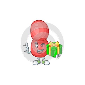 Happy smiley neisseria gonorrhoeae cartoon mascot design with a gift box