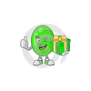 Happy smiley tetrad cartoon mascot design with a gift box
