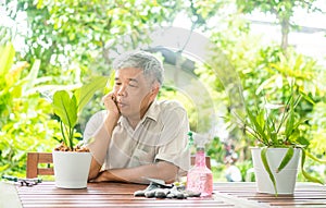 A happy and smiling Asian old elderly man is planting for a hobby after retirement in a home. Concept of a happy lifestyle and