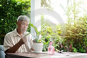 A happy and smiling Asian old elderly man is planting for a hobby after retirement in a home. Concept of a happy lifestyle and