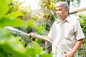 A happy and smiling Asian old elderly man is watering plants and flowers for a hobby after retirement in a home. Concept of a