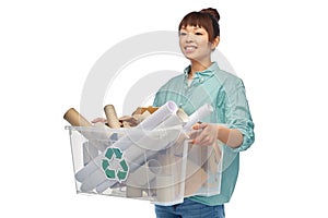 happy smiling asian woman sorting paper waste