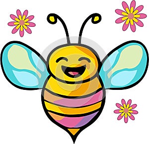 Happy smiling baby bee with flowers. Kawaii cartoon