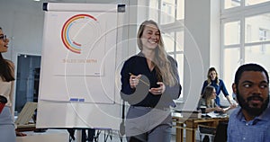 Happy smiling blonde business woman giving motivation to young multiethnic colleagues team at modern office meeting.