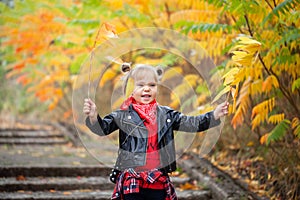 Happy smiling blonde girl holding yellow red leaves in sunny autumn park