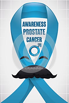 Happy Smiling Blue Ribbon with Mustache for Prostate Cancer Campaign, Vector Illustration