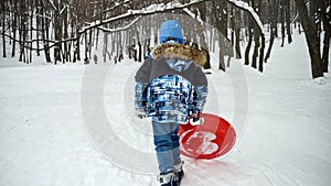 Happy smiling boy carrying his plastic sleds up the snowy hill at snowfall. Concept of children having fun at winter, Christmas