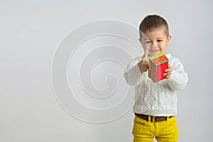 A happy smiling boy with gift is shows a good gesture on hand