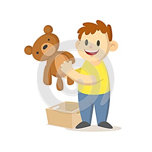 Happy smiling boy holding a teddy bear toy, cartoon character design. Flat vector illustration, isolated on white