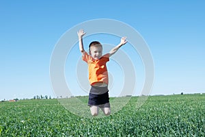 Happy smiling boy jumping high, green grass and blue sky on the background,success, fortune, achievement and winning