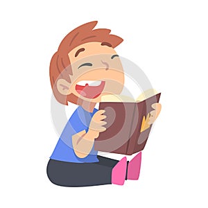 Happy Smiling Boy Reading Book, Young Fan of Literature, Fairy Tales, Stories, Discoveries Cartoon Style Vector