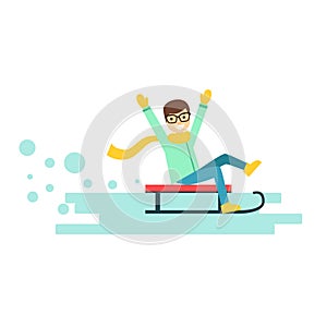 Happy smiling boy riding a sledge. Winter activity colorful character vector Illustration