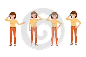 Happy, smiling, brown hair young woman in orange pants vector illustration. Calling, talking on phone, standing girl character set