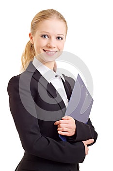 Happy smiling business woman with folder