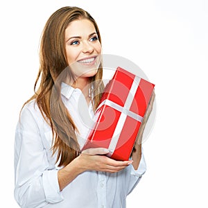 Happy smiling business woman hold red gift. white background is