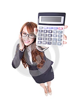 Happy smiling business woman holding calculator