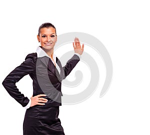 Happy smiling business woman showing blank