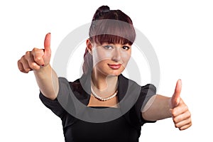 Happy smiling business woman with thumbs up gesture