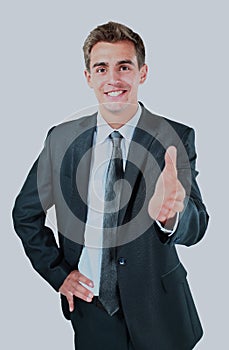 Happy smiling businessman giving hand for handshake.