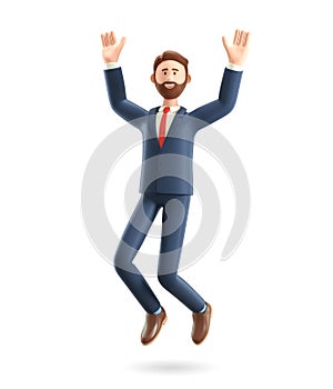 Happy smiling businessman jumping celebrating success. 3D illustration of cartoon winning male character with his hands in the air