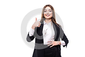 Happy smiling businesswoman with thumbs up gesture on white background photo