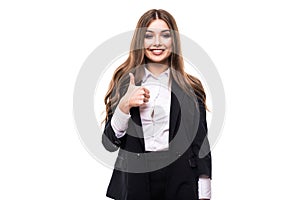 Happy smiling businesswoman with thumbs up gesture on white background photo
