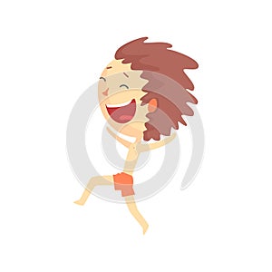 Happy smiling cartoon boy in red shorts running, kids outdoor activity colorful character vector Illustration