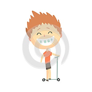 Happy smiling cartoon boy riding a kick scooter, kids outdoor activity, colorful character vector Illustration