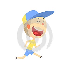 Happy smiling cartoon boy running, kids outdoor activity in summer vacation colorful character vector Illustration