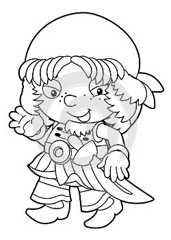 Happy smiling cartoon medieval pirate standing with big sword rate standing with big sword vector coloring page forvector coloring