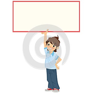 Happy smiling cartoon student boy holding a white blank sign