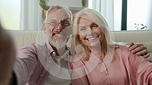 Happy smiling caucasian elderly married couple man woman grandmother grandfather bloggers talking video call smiling