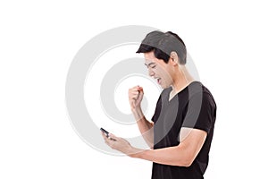 Happy, smiling, cheerful man using smartphone