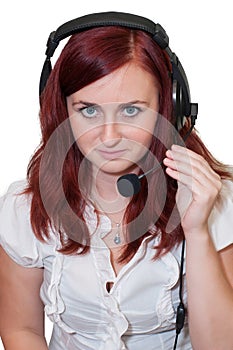 Happy smiling cheerful support phone operator in headset, isolated on white background