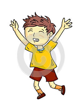 Happy smiling child cheerfully joyfully jumping, laughing, screaming cartoon. Playful boy. Happiness, gladness, joy and