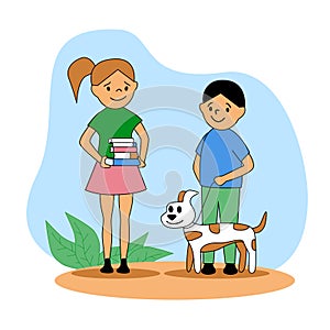 happy smiling children, girl brings books, boy walks the dog, character outline, children have fun and useful time, read children