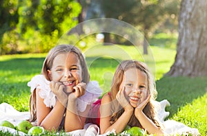 Happy smiling children playing on family picnic