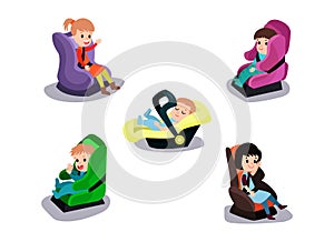 Happy Smiling Children Sitting in Portable Car Seat Vector Set