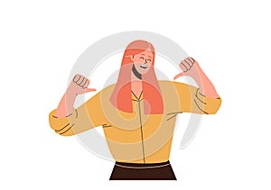 Happy smiling confident woman character pointing to herself expressing sense of self-assurance
