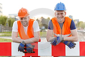 Happy smiling construction workers photo