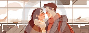 Happy smiling couple in the departure lounge of the airport. Flat illustration for web. Travelling. Earth color palette