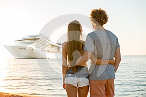 Happy smiling couple who travel by cruiseship. Concept of holiday and summertime