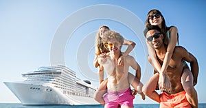 Happy smiling couples who travel by cruiseship. Concept of holiday and summertime photo