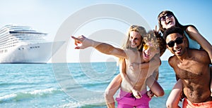 Happy smiling couples who travel by cruiseship. Concept of holiday and summertime photo