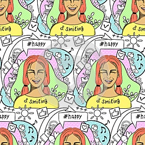 Happy and Smiling creative conceptual hand drawn seamless pattern