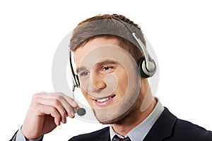 Happy smiling customer support phone operator.