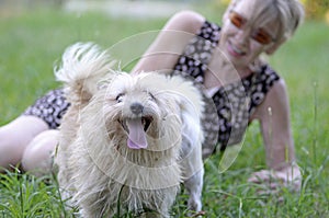 Happy smiling dog playing having fun with mature woman