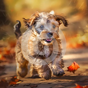 Happy smiling dog, running along a woodland path on a sunny day in autumn with golden leaves
