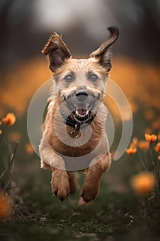 Happy smiling dog, running on through a field of grasses and wildflowers on a sunny Spring day