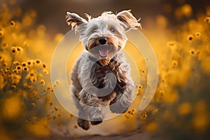 Happy smiling dog, running on through a field of grasses and wildflowers on a sunny Spring day